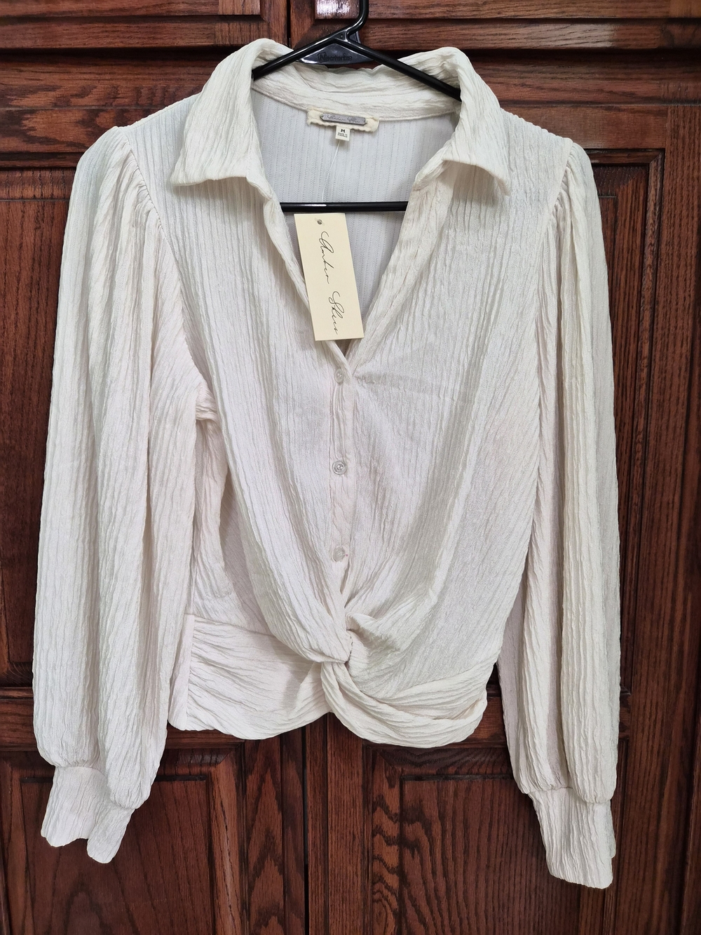 Cream Twist-Front Button-Down Blouse - Women's Long Sleeve